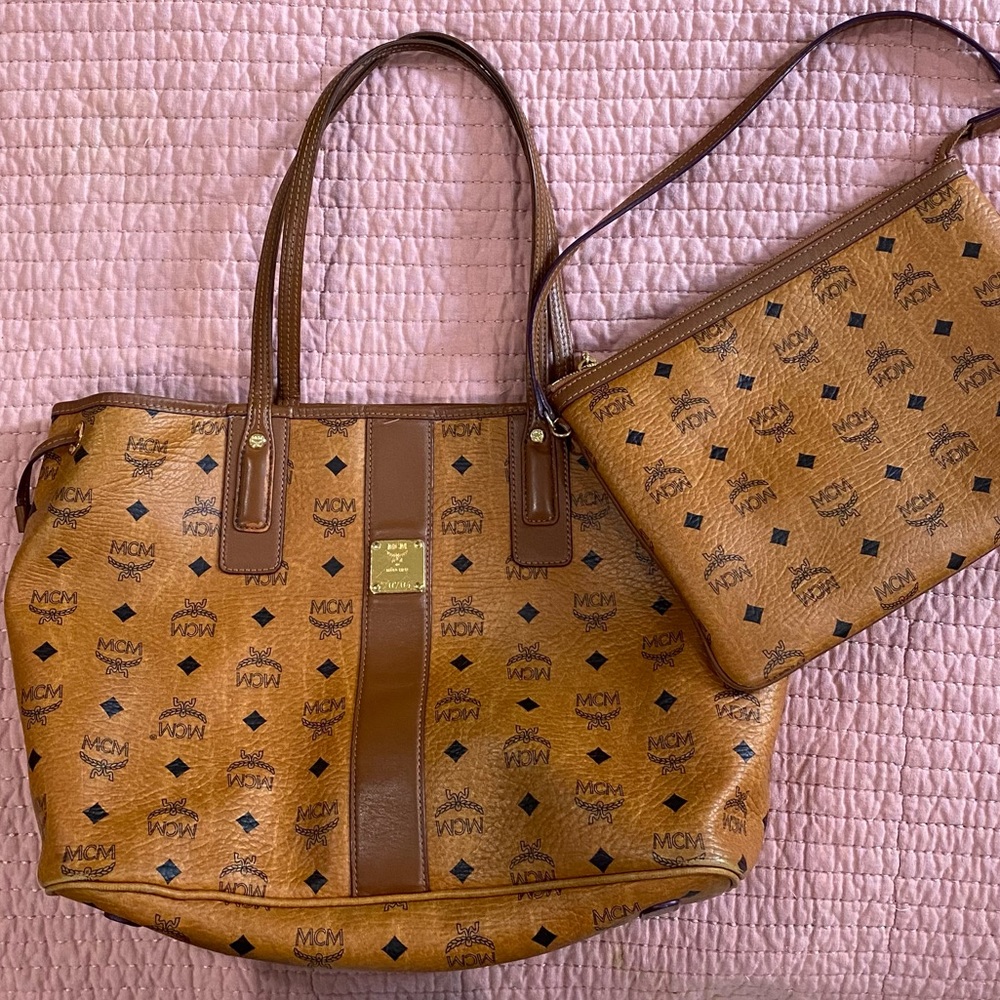 Mcm Cognac Medium Shopper Tote & Pouch Bundle